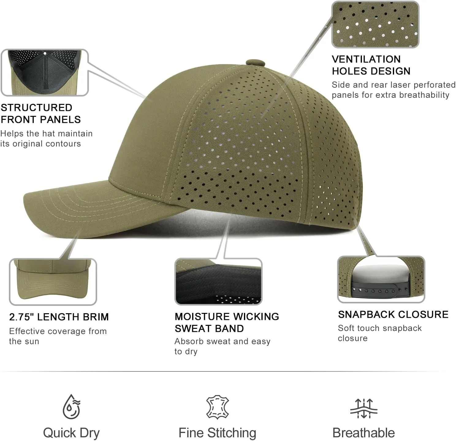 VOBOOM Men Quick Dry Baseball Cap Laser Cut Mesh Ball Curved Brim Snapback Hat