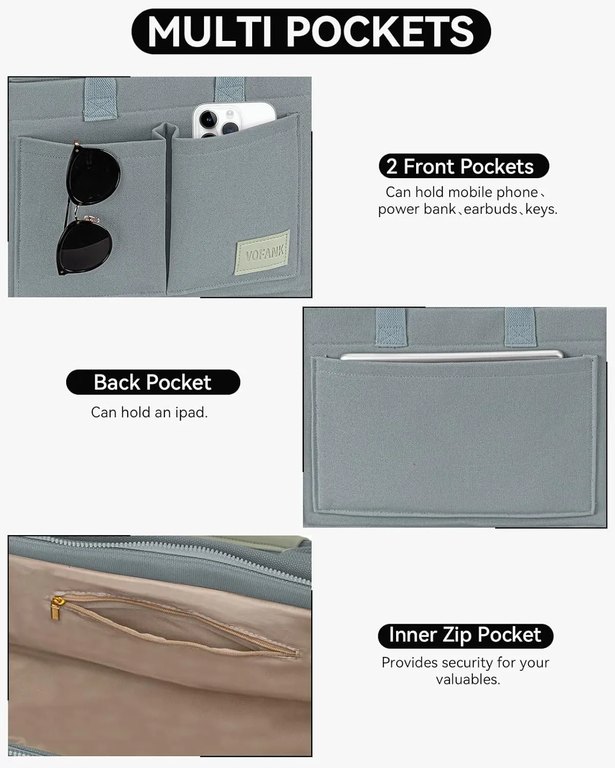 VOFANK Large Canvas Tote Bag for Women - Zipper Work Crossbody Purse Handbag Shoulder Satchel Travel Gym Everyday Bag