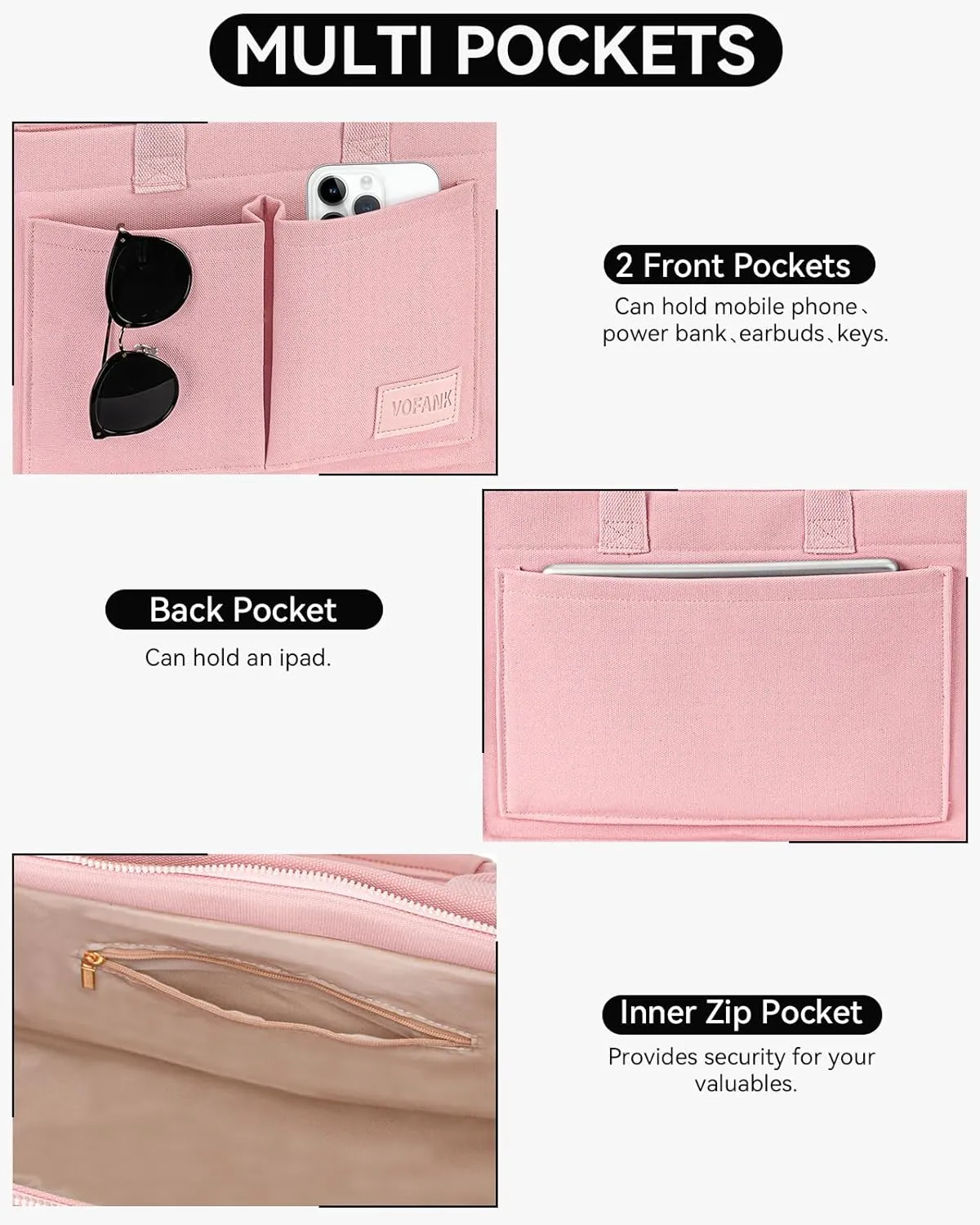 VOFANK Large Canvas Tote Bag for Women - Zipper Work Crossbody Purse Handbag Shoulder Satchel Travel Gym Everyday Bag