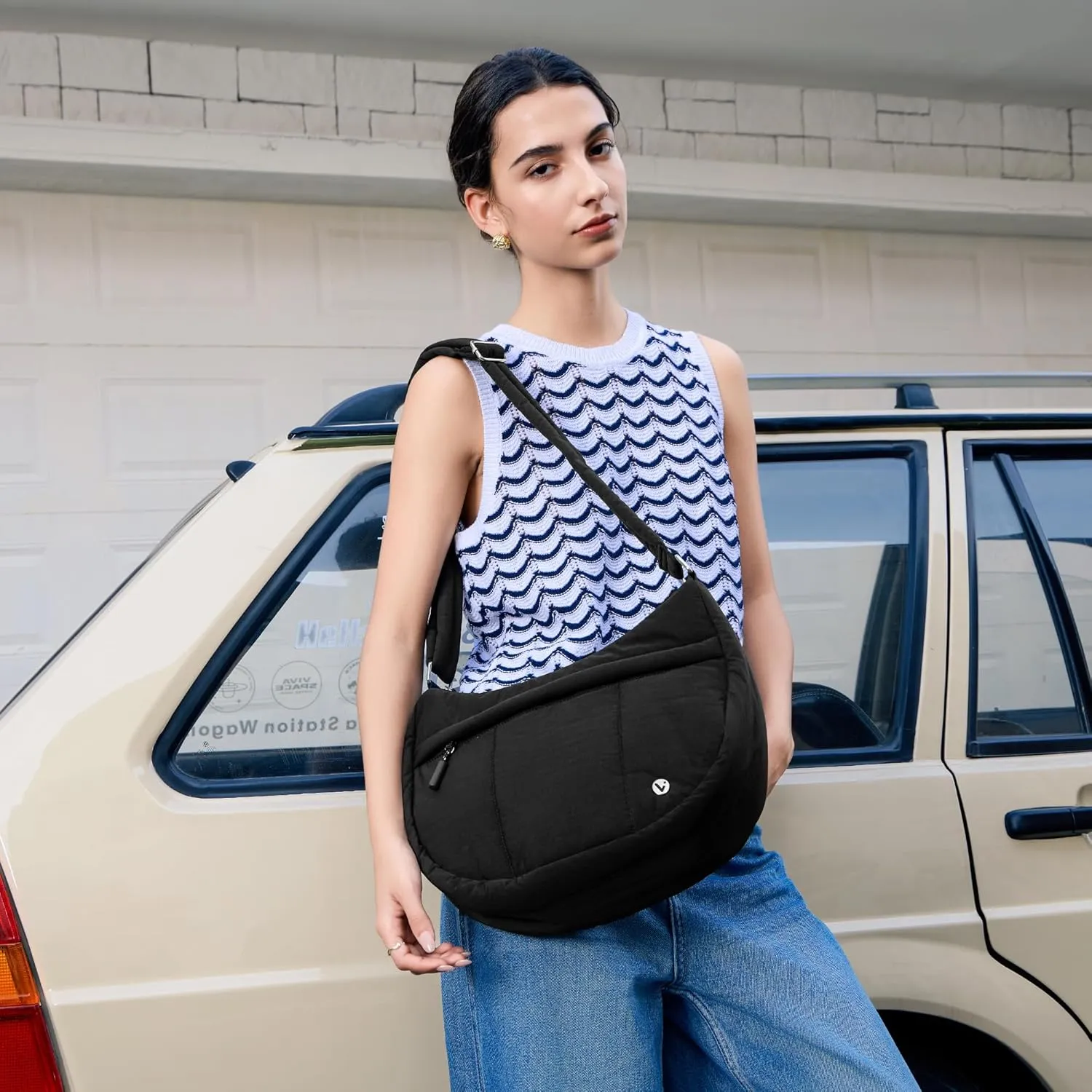 VONAL Puffer Crescent Crossbody Bag for Women Lightweight Nylon Quilted Waterproof Shoulder Purses with Adjustable Strap
