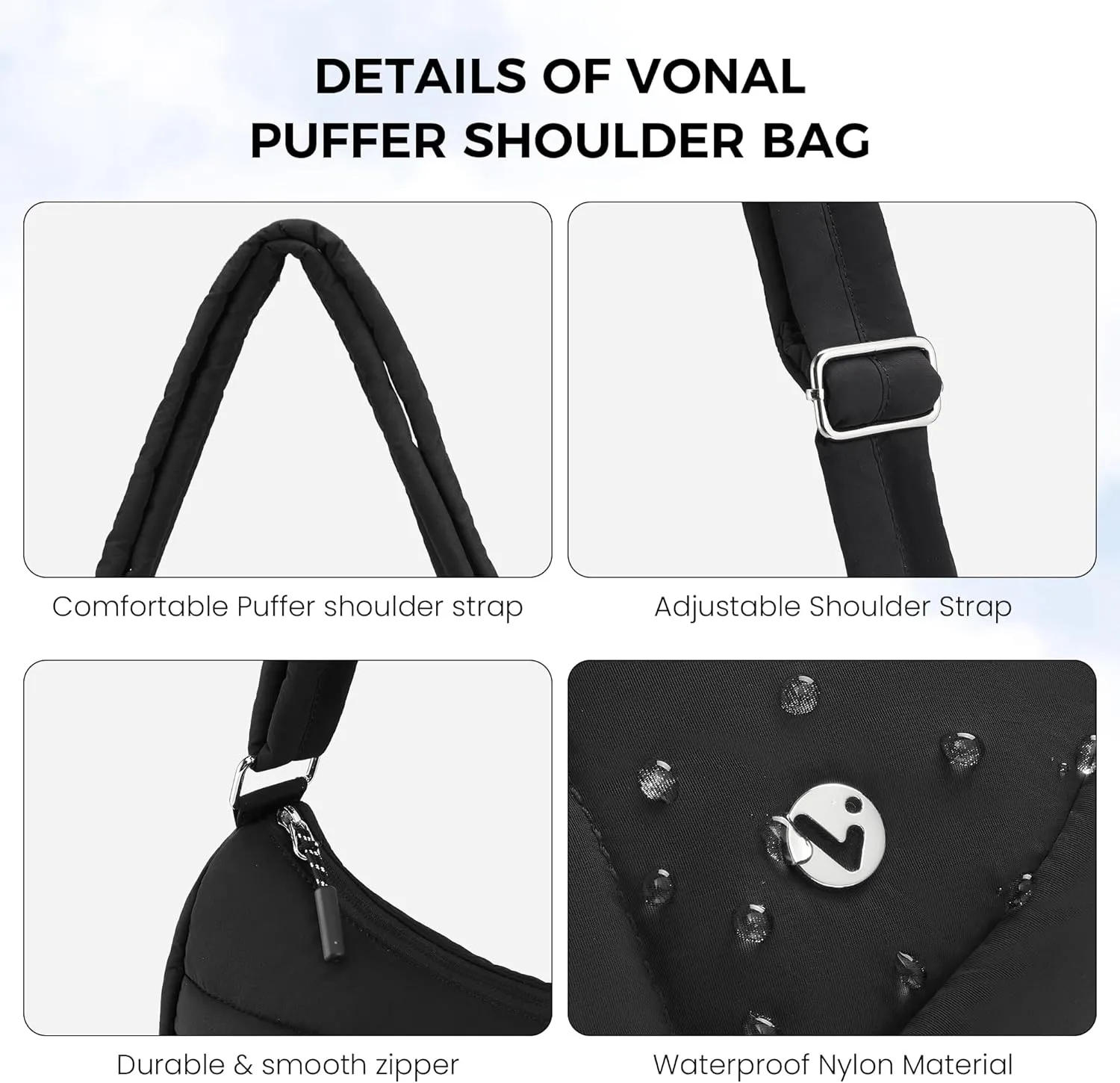 VONAL Puffer Crescent Crossbody Bag for Women Lightweight Nylon Quilted Waterproof Shoulder Purses with Adjustable Strap