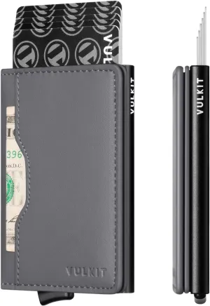 VULKIT Slim Pop up Wallet for Women Minimalist Credit Card Holder with Leather Slots Men's Bifold RFID Blocking Metal Wallets