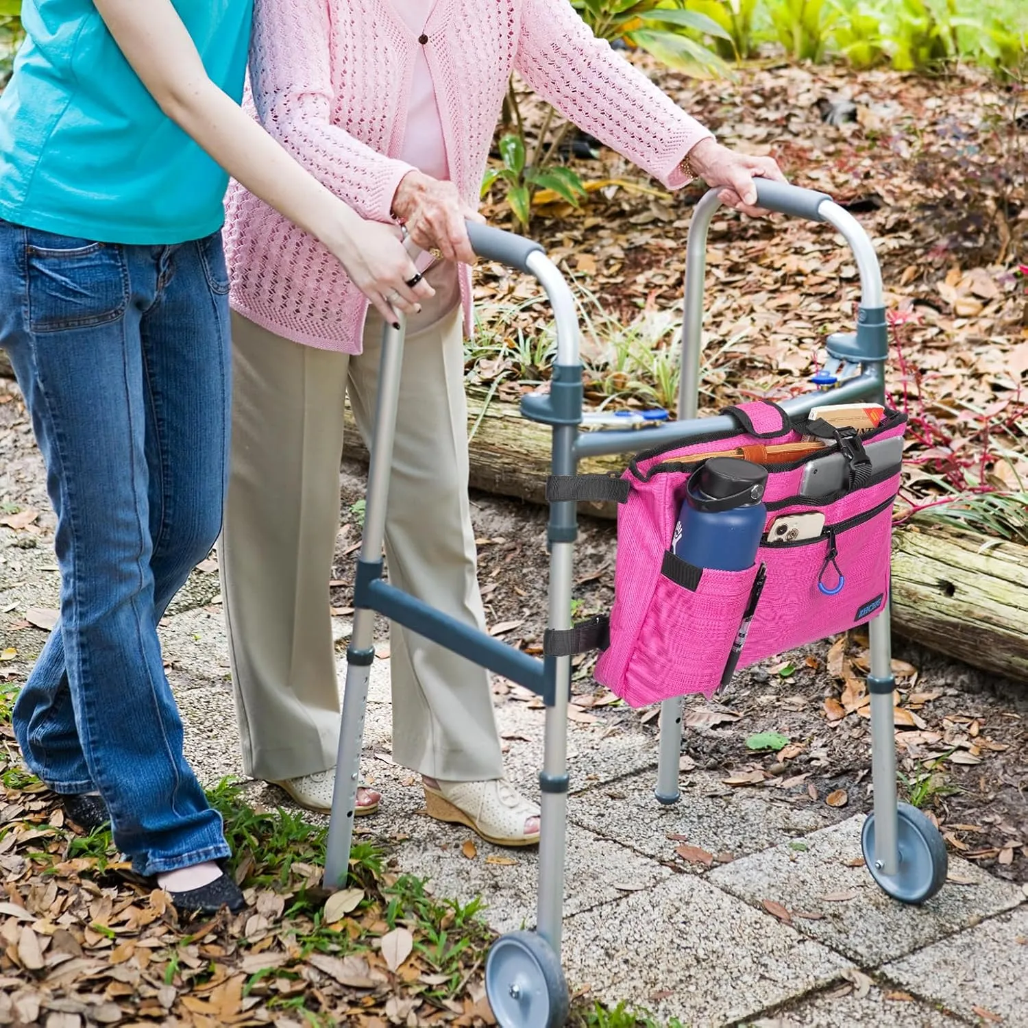 Walker Bag with Cup Holder, Walker Accessories for Seniors Detachable, Walker Basket for Folding Walker, Best Gift- Pink (Not Fit Rollator Walkers)