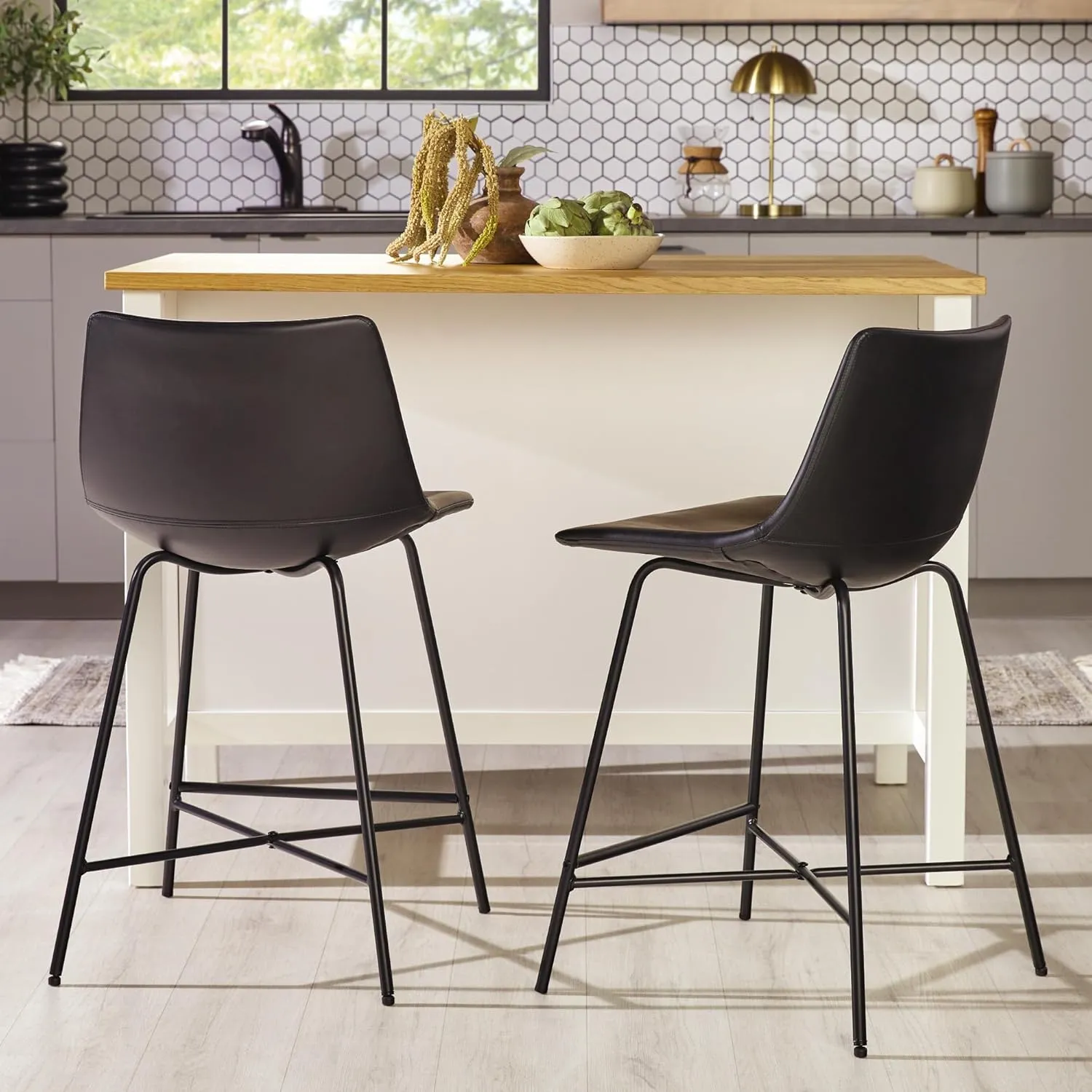 Walker Edison Xuma Modern Faux Leather Armless Low Back Counter Stool, Set of 2, Black