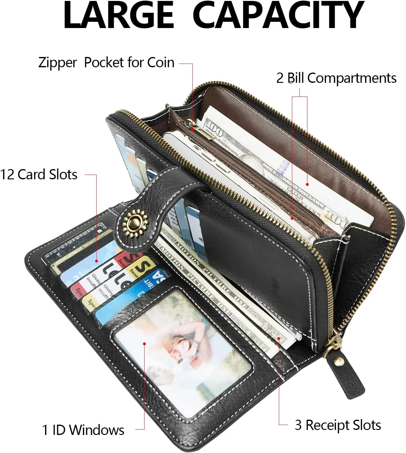 Wallet for Women RFID Blocking Leather Large Capacity Card Holder Ladies Phone Clutch Travel Long Purse Wristlet
