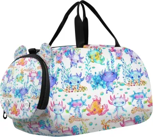 Watercolor Cute Axolotl Sports Duffle Bag for Girls Boys Kids, Gym Bag with Shoe Compartment, Kids Travel Overnight Weekender Shoulder Bag