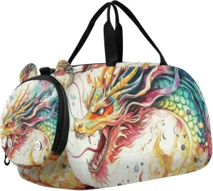Watercolor Dragon Abstract Sports Duffle Bag for Kids Girls Boys, Gym Bag with Shoe Compartments, Kids Travel Overnight Weekender Shoulder Bag