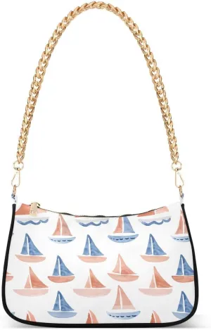 Watercolor Sail Boat Cartoon Tote Bag Shoulder Bag Hobo Handbag for Women Ladies Mini Clutch Purse with Zipper Closure
