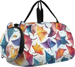 Watercolor Stingray Sports Duffle Bag for Teens Girls Boys, Gym Bag with Shoe Compartment, Kids Travel Overnight Weekender Shoulder Bag
