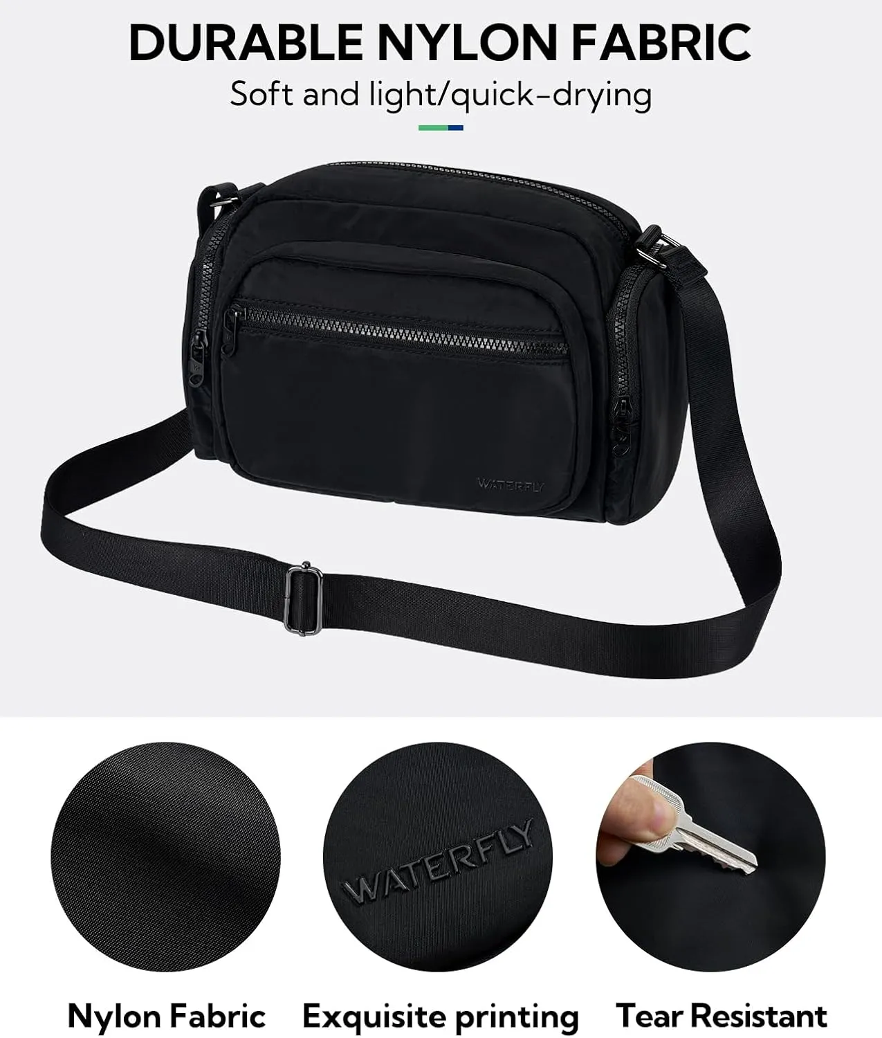 WATERFLY Multiple Pockets Crossbody Bags: 6L Large Nylon Purses 2025 - Travel Shoulder Cross Body Purse for Women Men