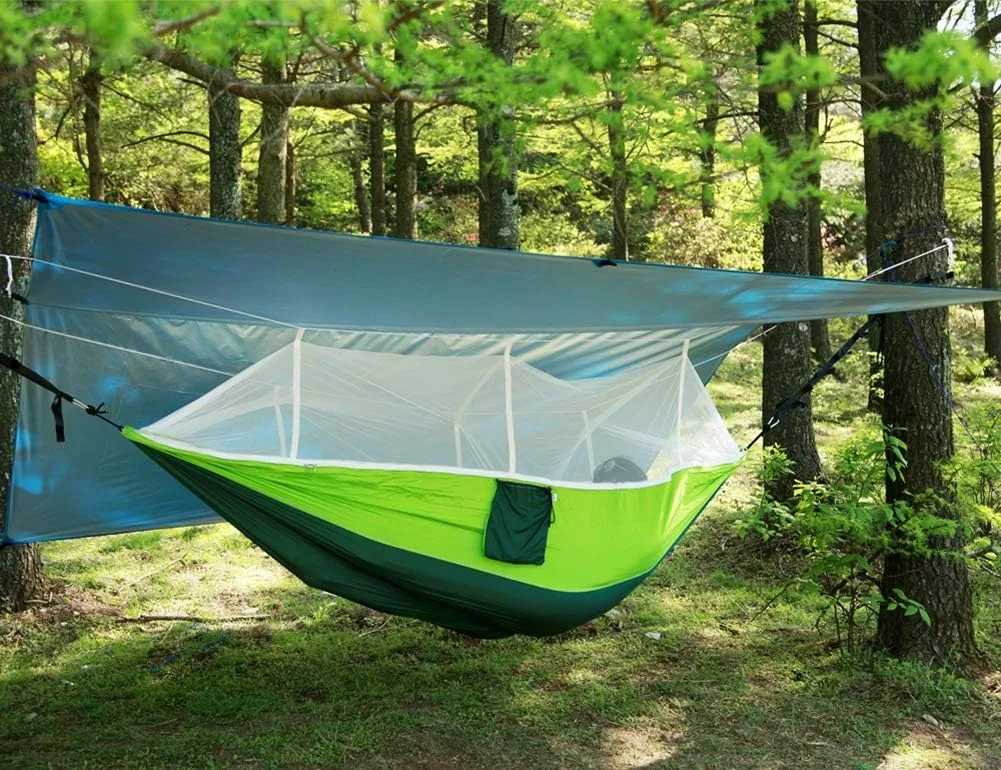 Waterproof 210T Nylon Rain Fly Tarp Tent Camping Shelter Sunshade 10 x 10ft, 6 Stakes & 6 Elastic Ropes
