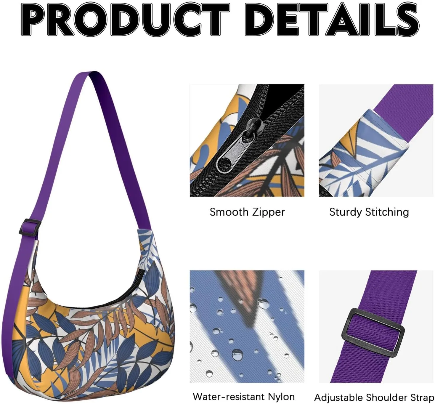 Waterproof Nylon Crescent Shoulder Bag Tropical Leaf Floral Crossbody Bag for Women Travel Sling Bag Adjustable Strap