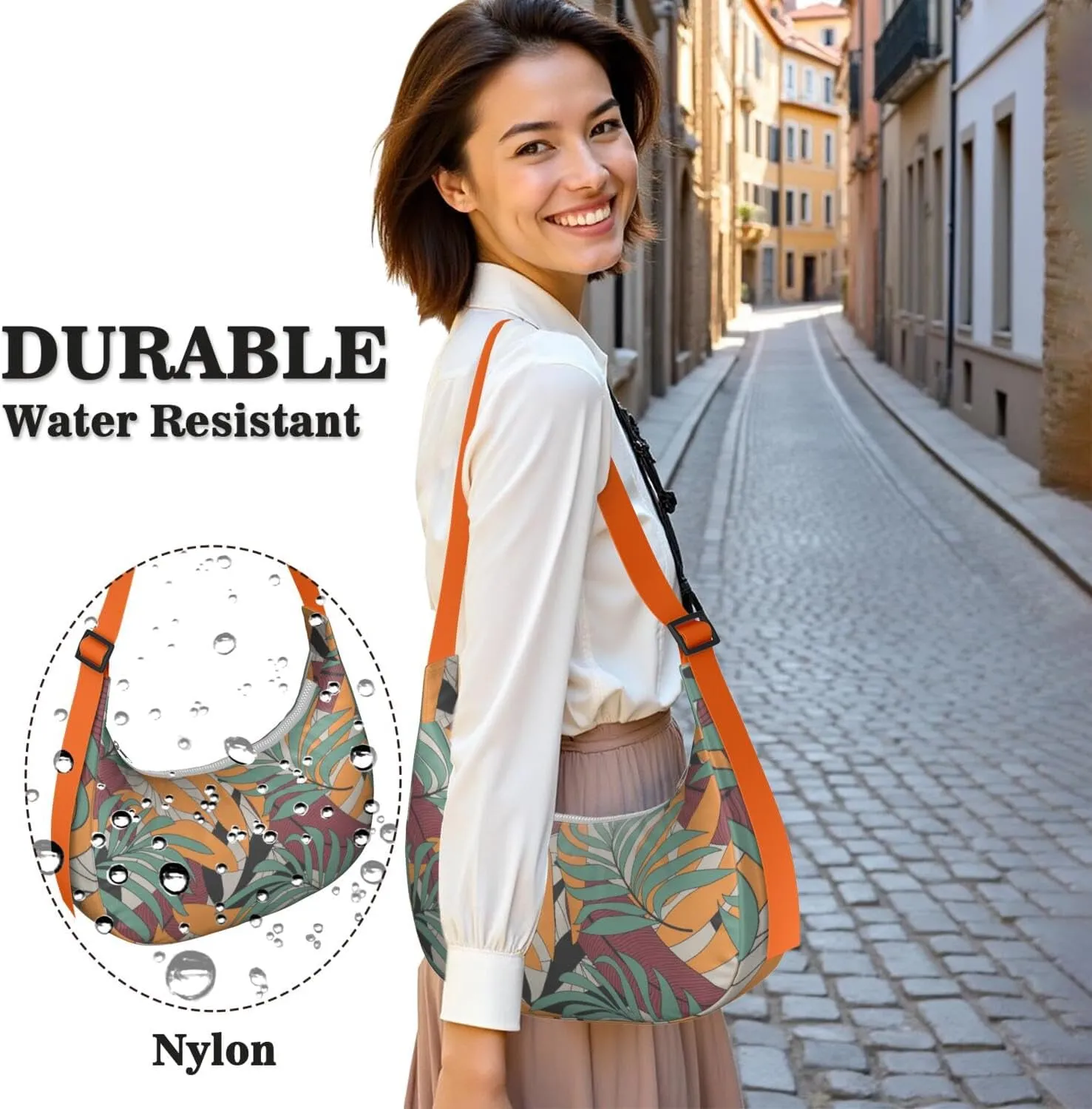 Waterproof Nylon Crescent Shoulder Bag Tropical Leaf Floral Crossbody Bag for Women Travel Sling Bag Adjustable Strap
