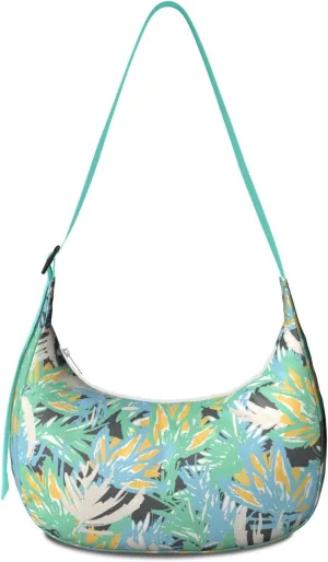 Waterproof Nylon Crescent Shoulder Bag Tropical Leaf Floral Crossbody Bag for Women Travel Sling Bag Adjustable Strap