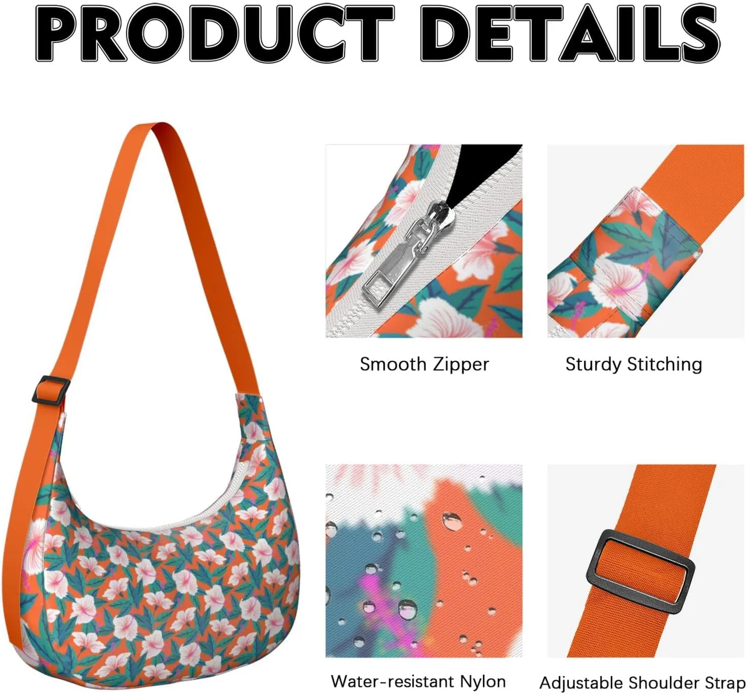 Waterproof Nylon Crescent Shoulder Bag Tropical Leaf Floral Crossbody Bag for Women Travel Sling Bag Adjustable Strap