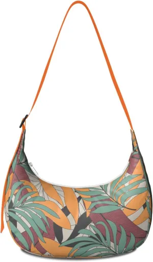 Waterproof Nylon Crescent Shoulder Bag Tropical Leaf Floral Crossbody Bag for Women Travel Sling Bag Adjustable Strap