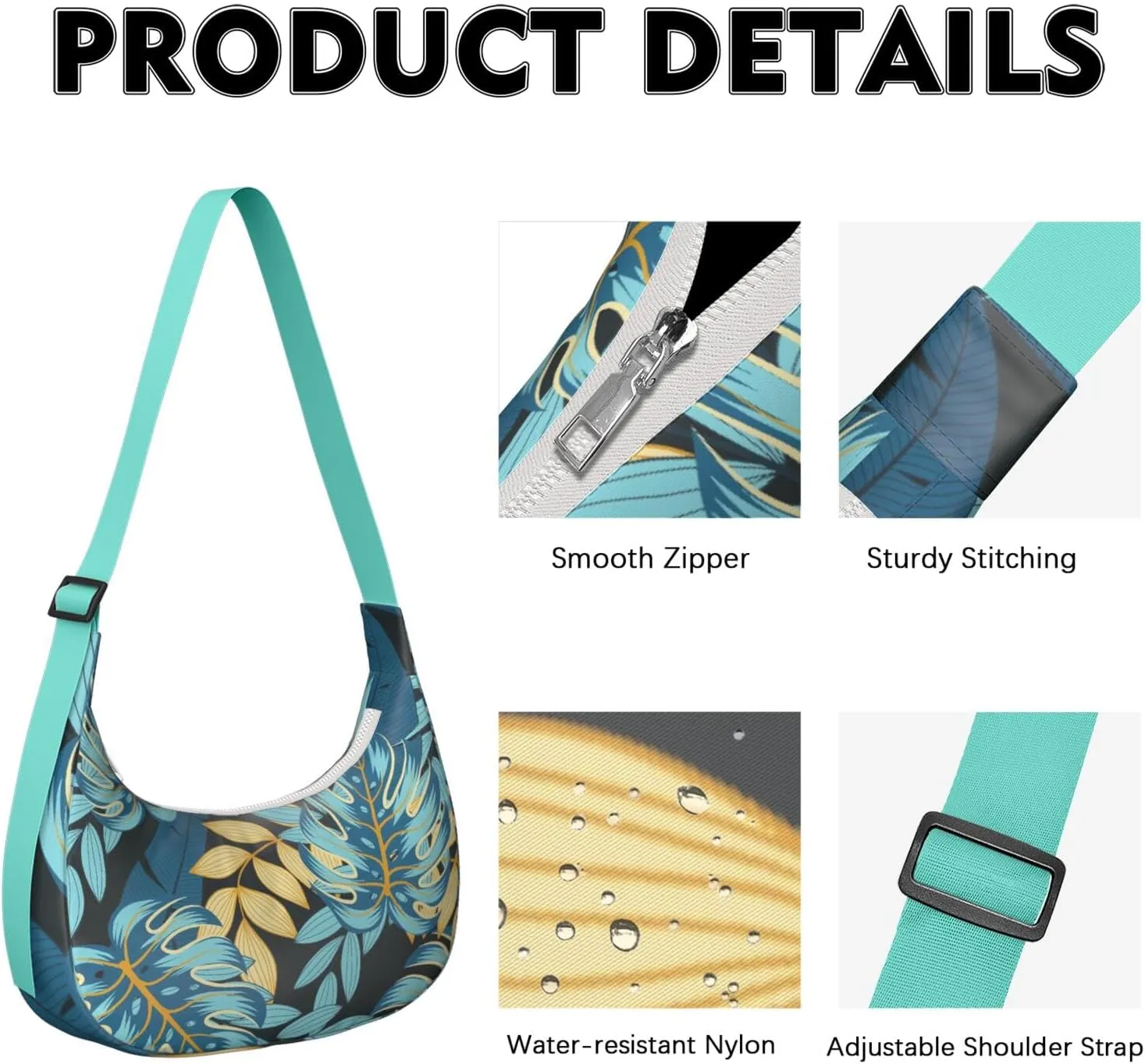 Waterproof Nylon Crescent Shoulder Bag Tropical Leaf Floral Crossbody Bag for Women Travel Sling Bag Adjustable Strap