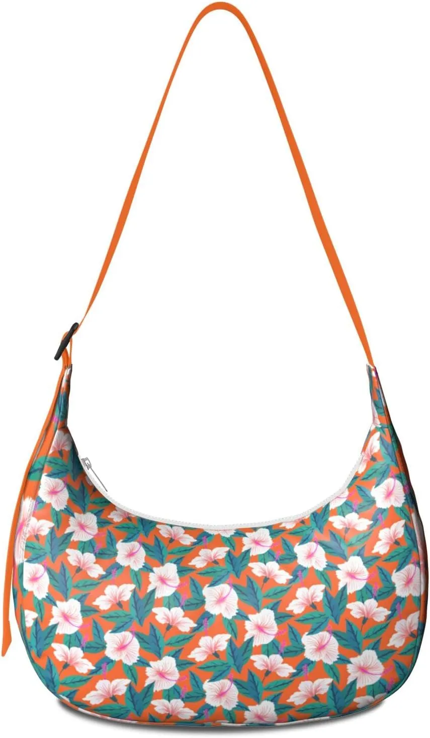 Waterproof Nylon Crescent Shoulder Bag Tropical Leaf Floral Crossbody Bag for Women Travel Sling Bag Adjustable Strap