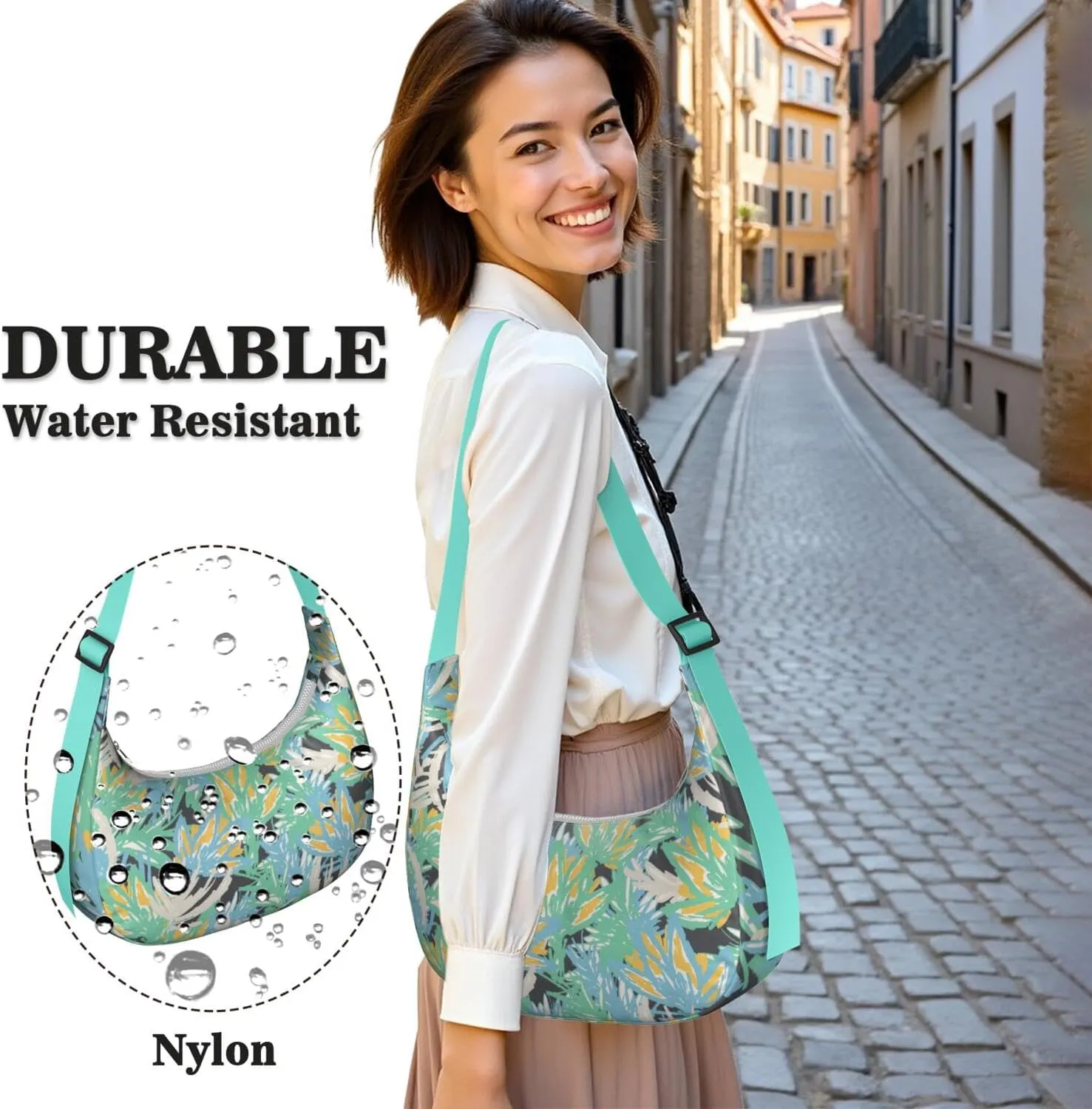 Waterproof Nylon Crescent Shoulder Bag Tropical Leaf Floral Crossbody Bag for Women Travel Sling Bag Adjustable Strap