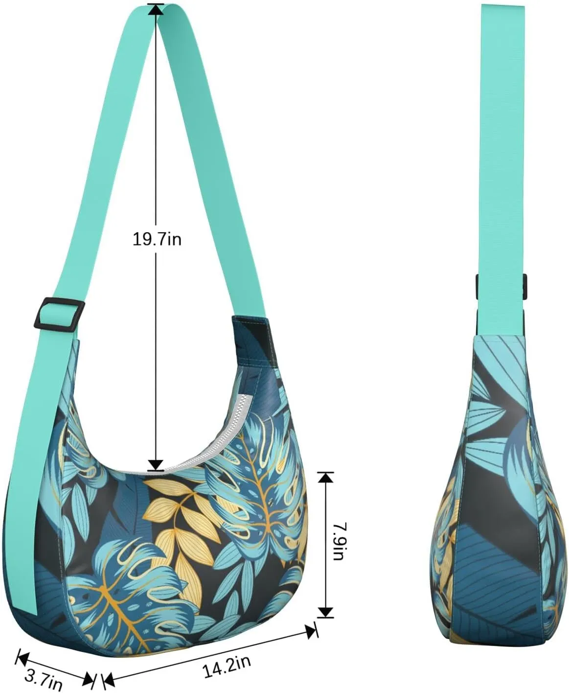 Waterproof Nylon Crescent Shoulder Bag Tropical Leaf Floral Crossbody Bag for Women Travel Sling Bag Adjustable Strap