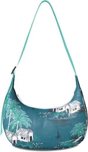 Waterproof Nylon Crescent Shoulder Bag Tropical Leaf Floral Crossbody Bag for Women Travel Sling Bag Adjustable Strap