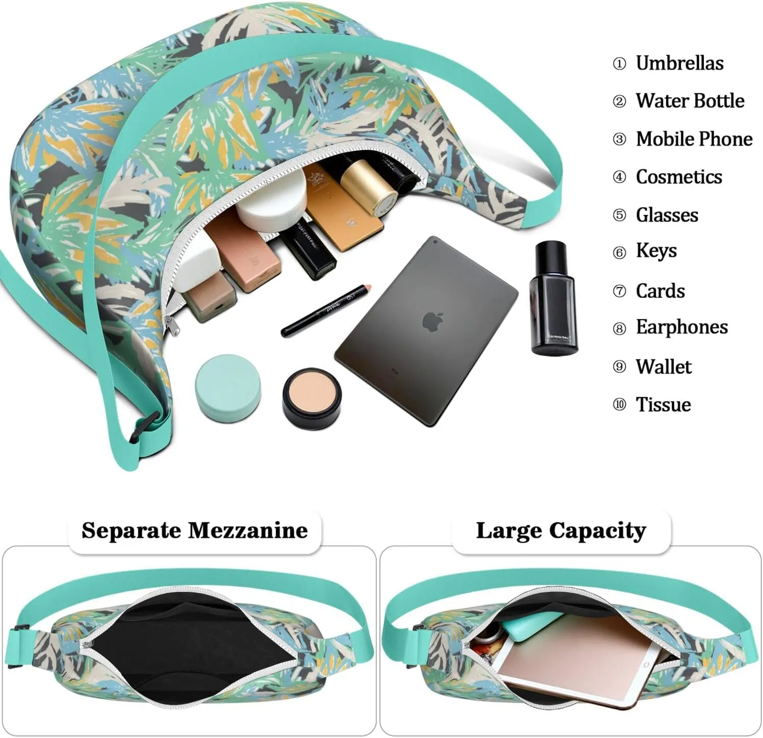 Waterproof Nylon Crescent Shoulder Bag Tropical Leaf Floral Crossbody Bag for Women Travel Sling Bag Adjustable Strap