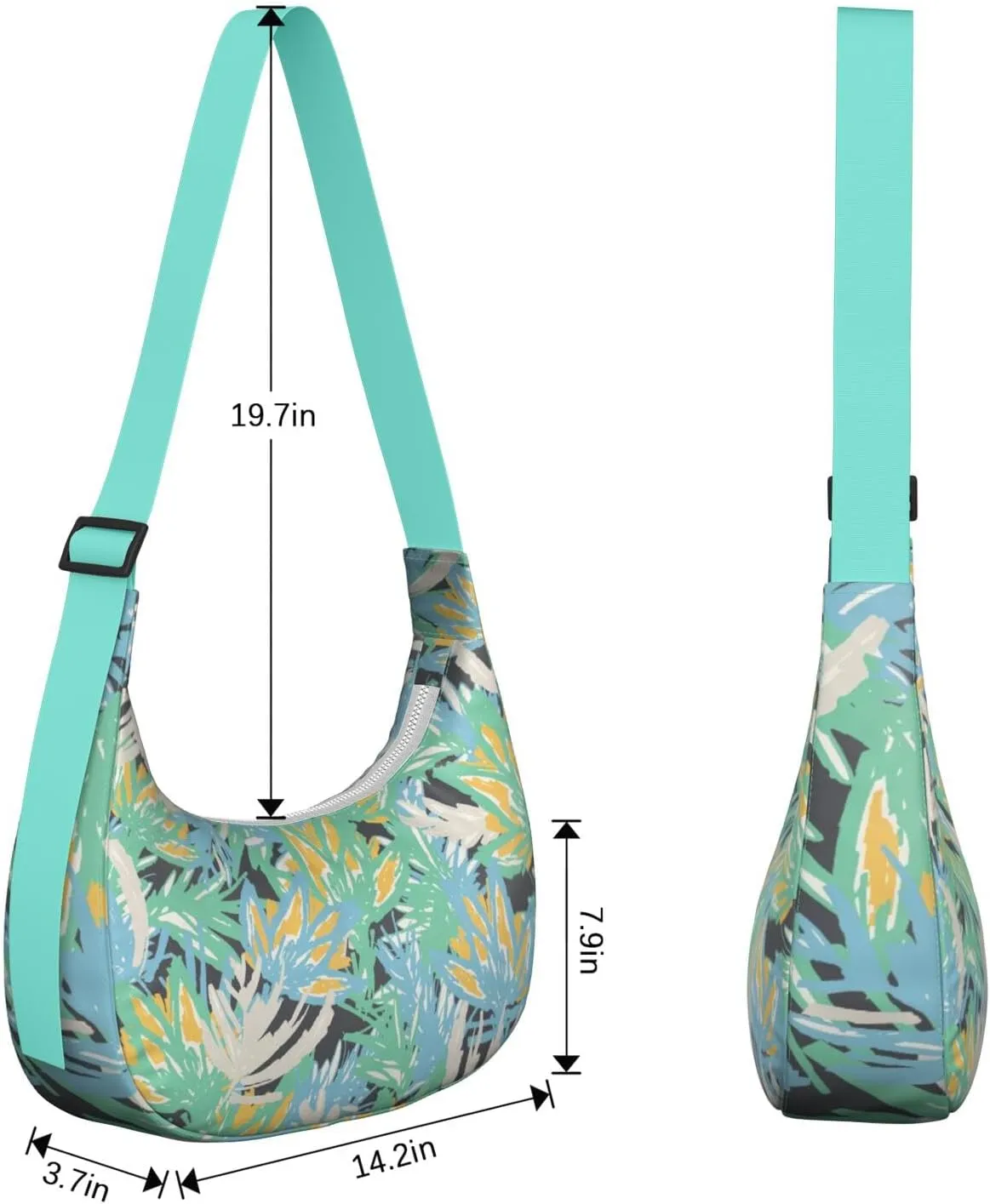 Waterproof Nylon Crescent Shoulder Bag Tropical Leaf Floral Crossbody Bag for Women Travel Sling Bag Adjustable Strap
