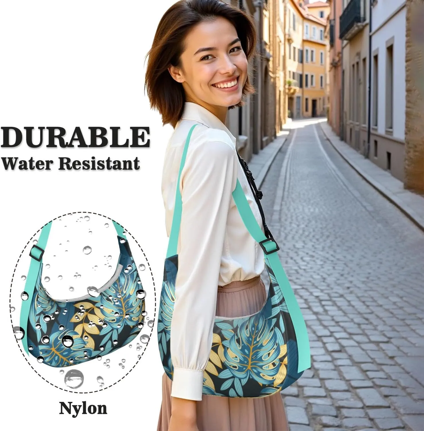 Waterproof Nylon Crescent Shoulder Bag Tropical Leaf Floral Crossbody Bag for Women Travel Sling Bag Adjustable Strap