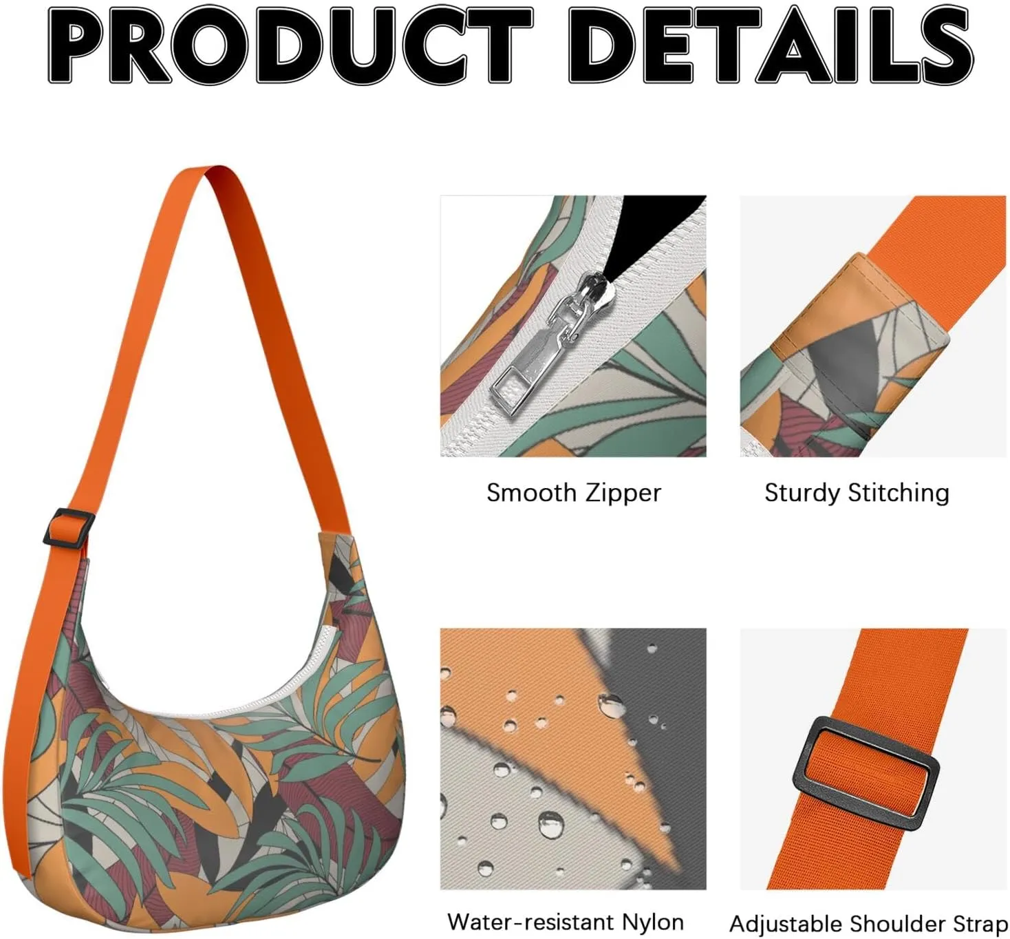 Waterproof Nylon Crescent Shoulder Bag Tropical Leaf Floral Crossbody Bag for Women Travel Sling Bag Adjustable Strap