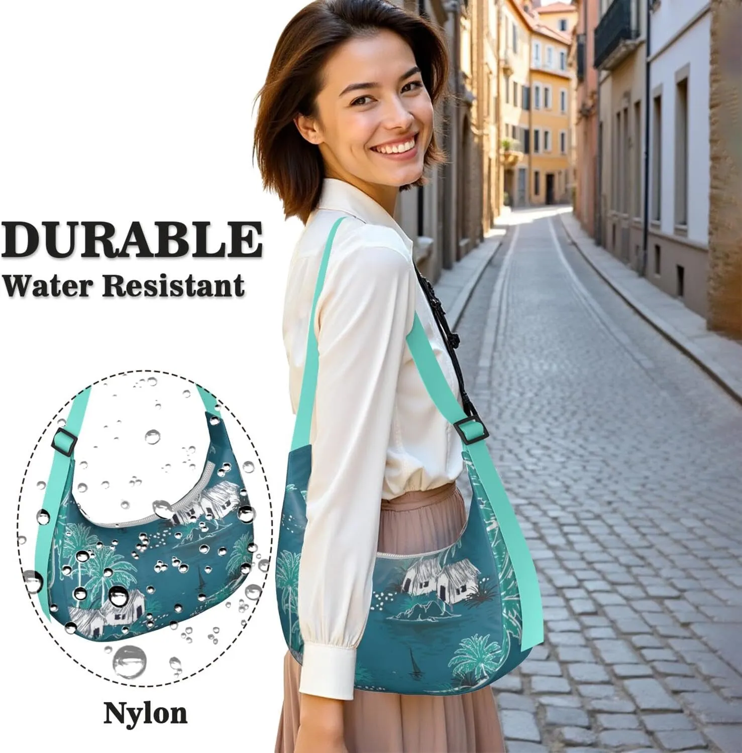 Waterproof Nylon Crescent Shoulder Bag Tropical Leaf Floral Crossbody Bag for Women Travel Sling Bag Adjustable Strap
