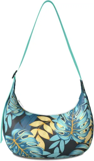Waterproof Nylon Crescent Shoulder Bag Tropical Leaf Floral Crossbody Bag for Women Travel Sling Bag Adjustable Strap
