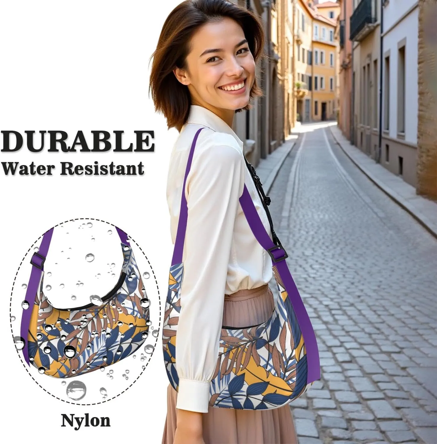 Waterproof Nylon Crescent Shoulder Bag Tropical Leaf Floral Crossbody Bag for Women Travel Sling Bag Adjustable Strap