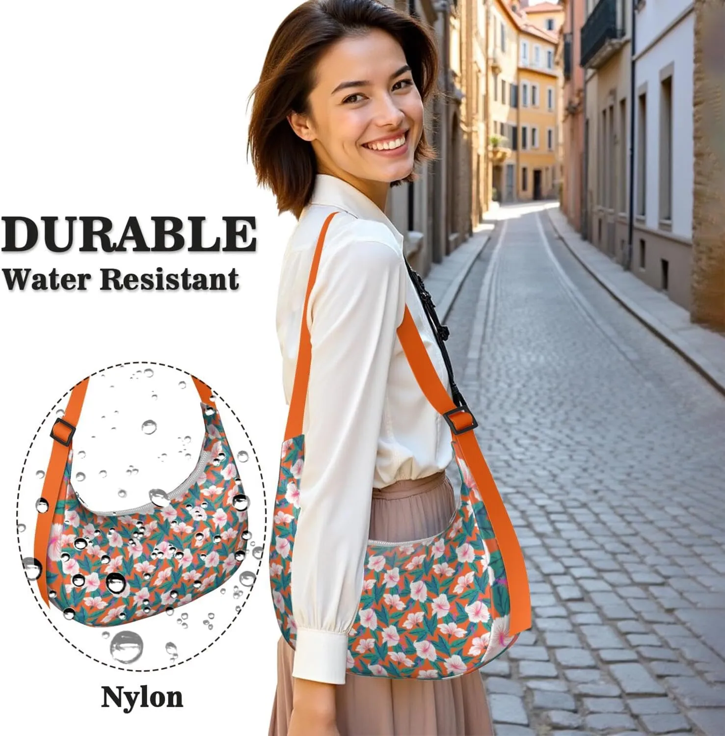 Waterproof Nylon Crescent Shoulder Bag Tropical Leaf Floral Crossbody Bag for Women Travel Sling Bag Adjustable Strap