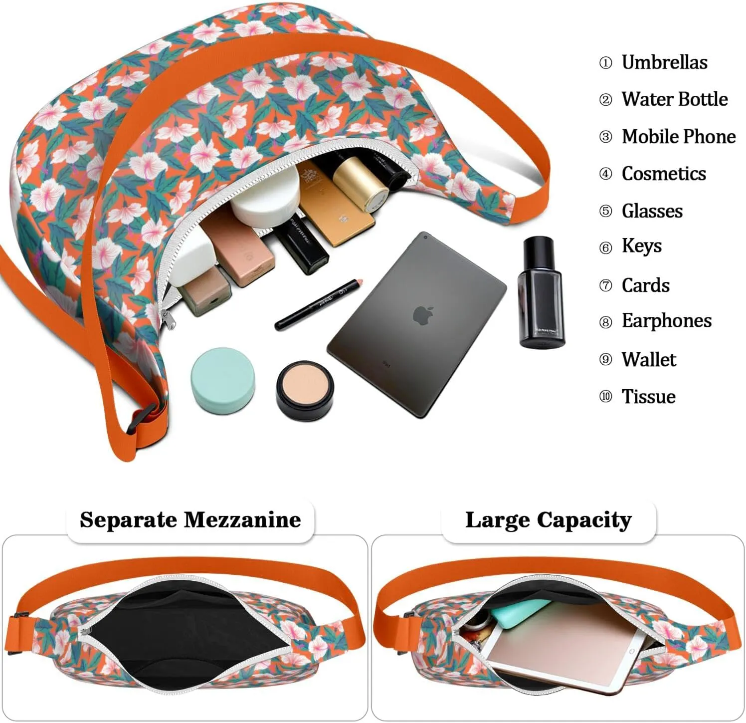 Waterproof Nylon Crescent Shoulder Bag Tropical Leaf Floral Crossbody Bag for Women Travel Sling Bag Adjustable Strap