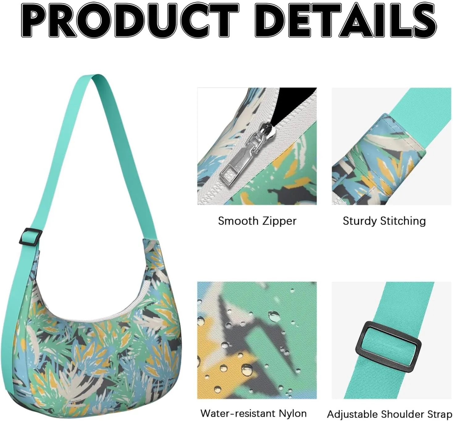 Waterproof Nylon Crescent Shoulder Bag Tropical Leaf Floral Crossbody Bag for Women Travel Sling Bag Adjustable Strap