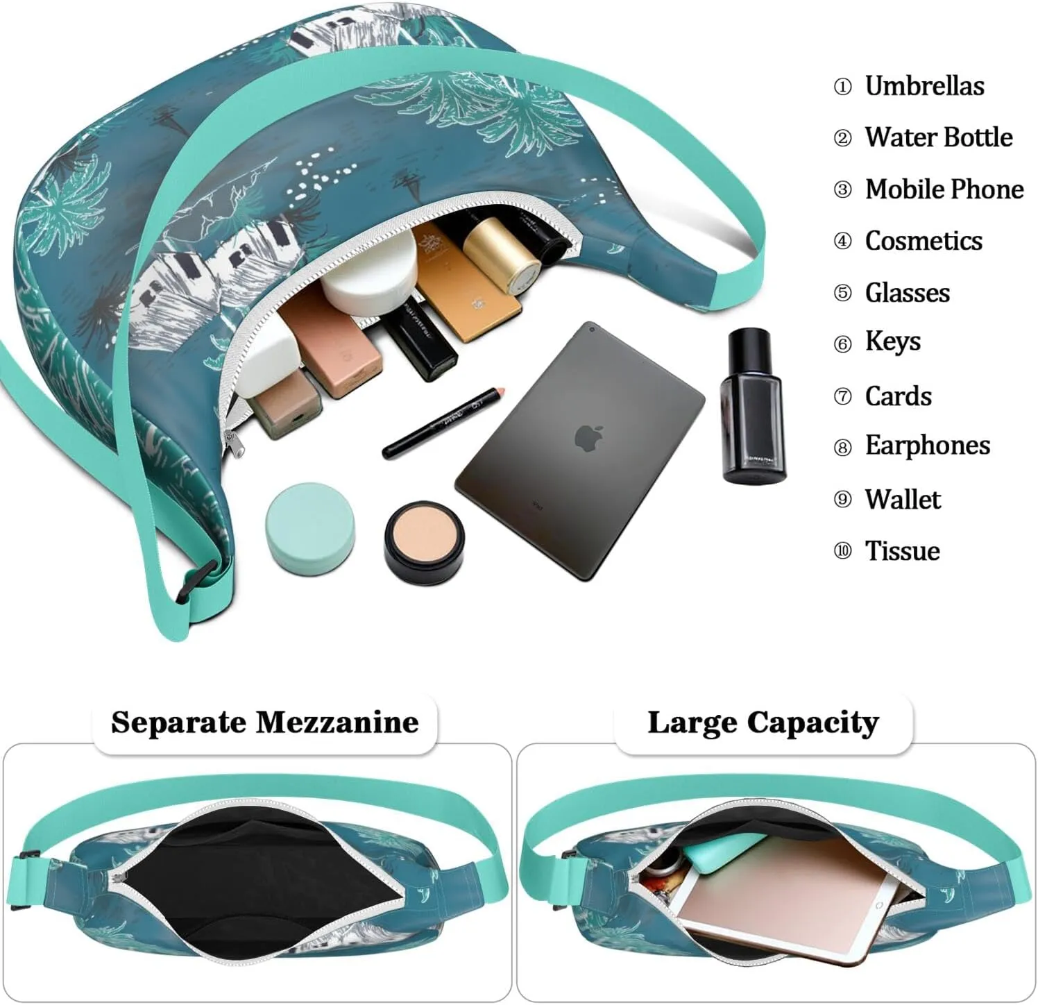 Waterproof Nylon Crescent Shoulder Bag Tropical Leaf Floral Crossbody Bag for Women Travel Sling Bag Adjustable Strap