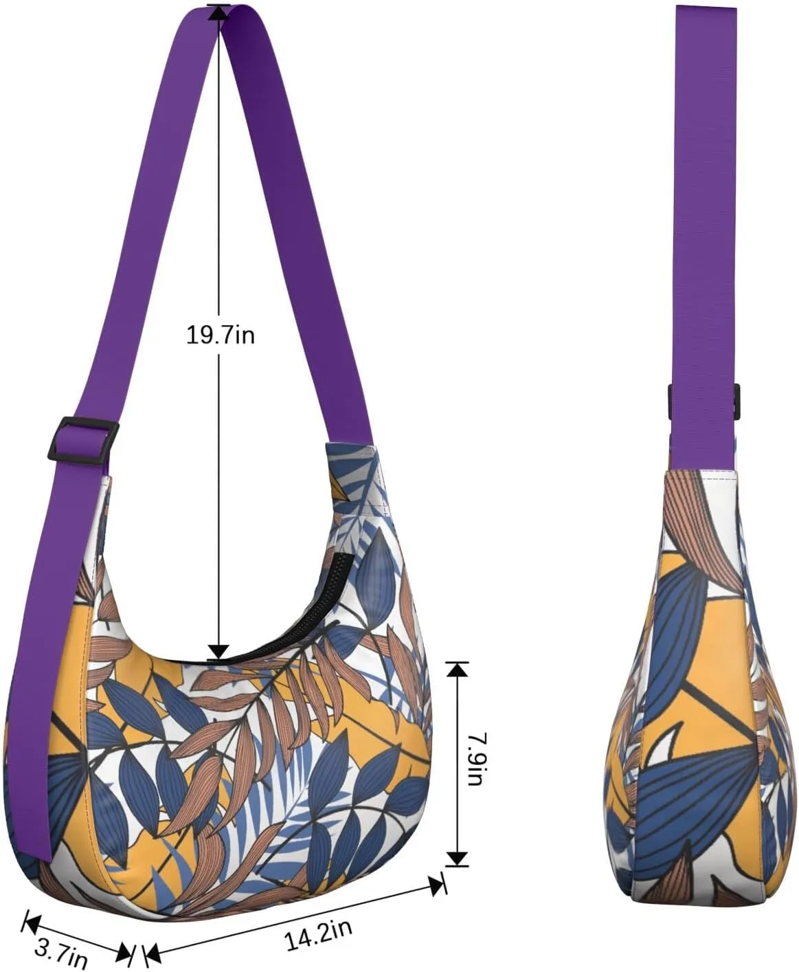 Waterproof Nylon Crescent Shoulder Bag Tropical Leaf Floral Crossbody Bag for Women Travel Sling Bag Adjustable Strap