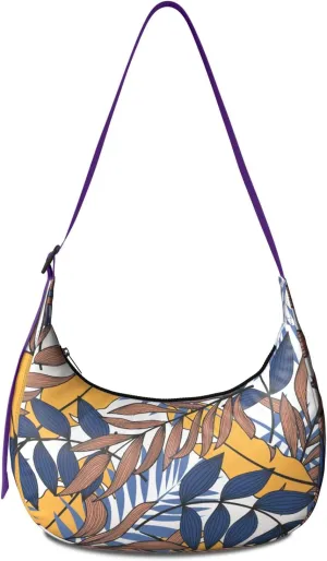 Waterproof Nylon Crescent Shoulder Bag Tropical Leaf Floral Crossbody Bag for Women Travel Sling Bag Adjustable Strap