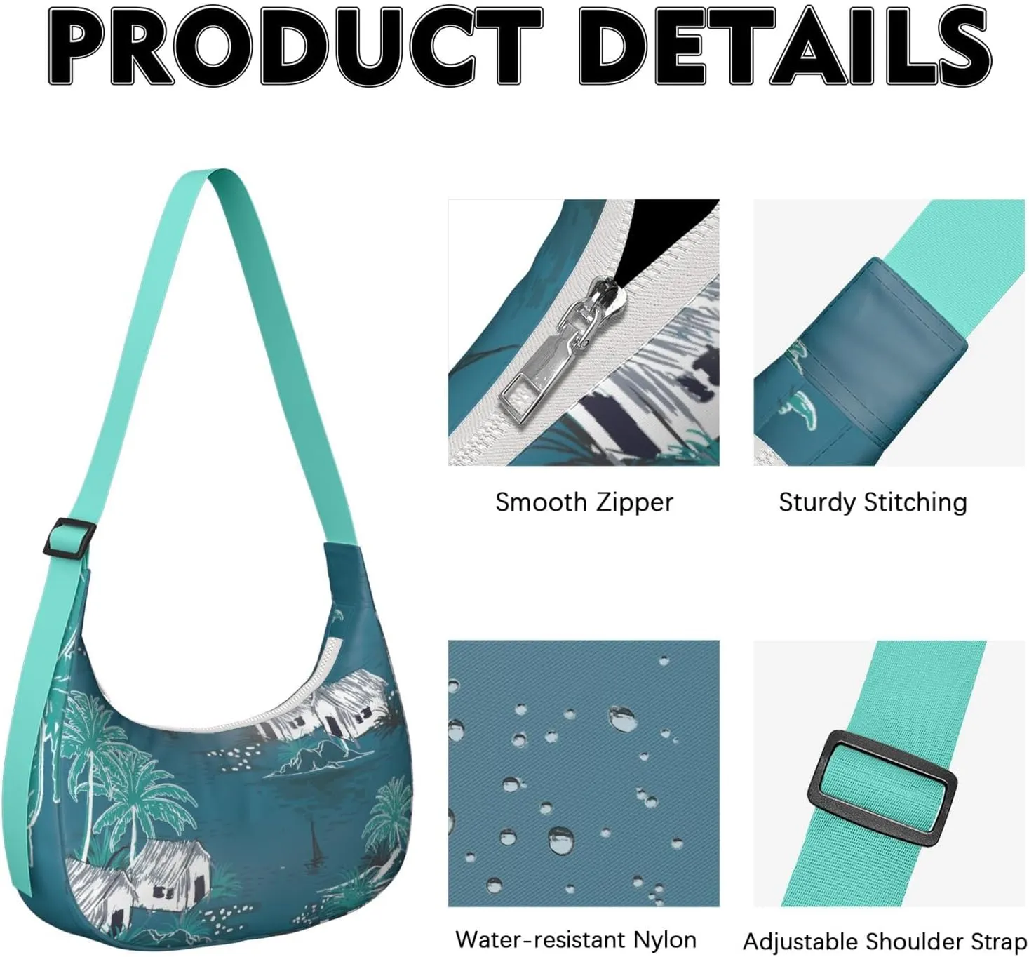 Waterproof Nylon Crescent Shoulder Bag Tropical Leaf Floral Crossbody Bag for Women Travel Sling Bag Adjustable Strap