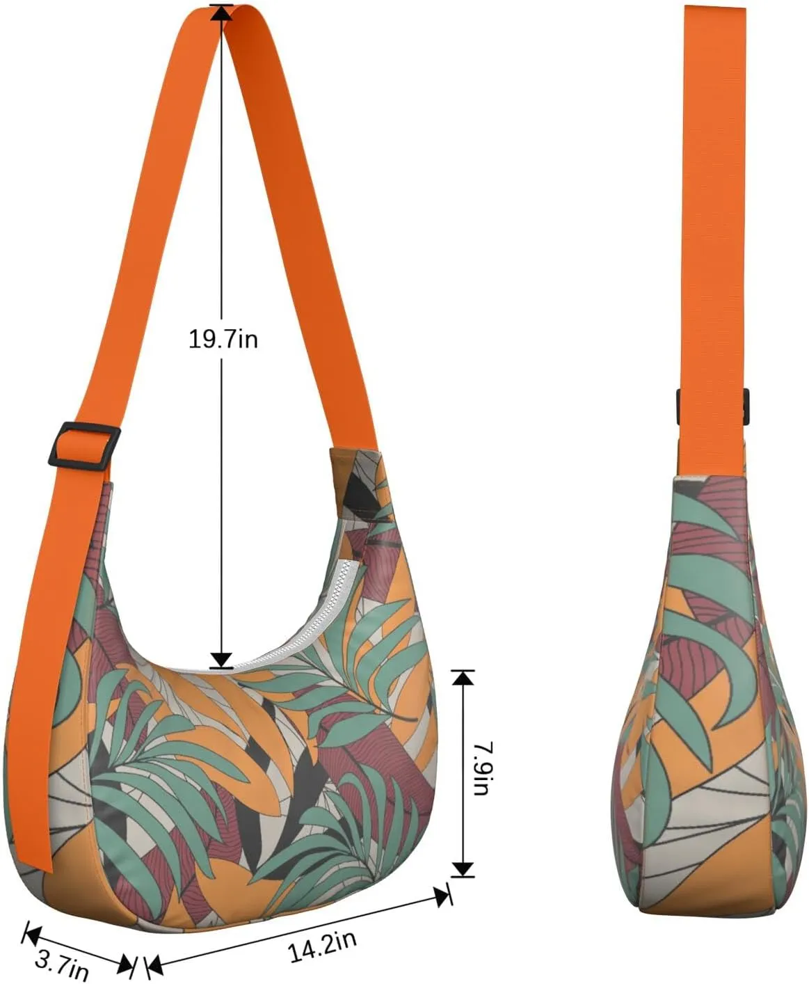 Waterproof Nylon Crescent Shoulder Bag Tropical Leaf Floral Crossbody Bag for Women Travel Sling Bag Adjustable Strap
