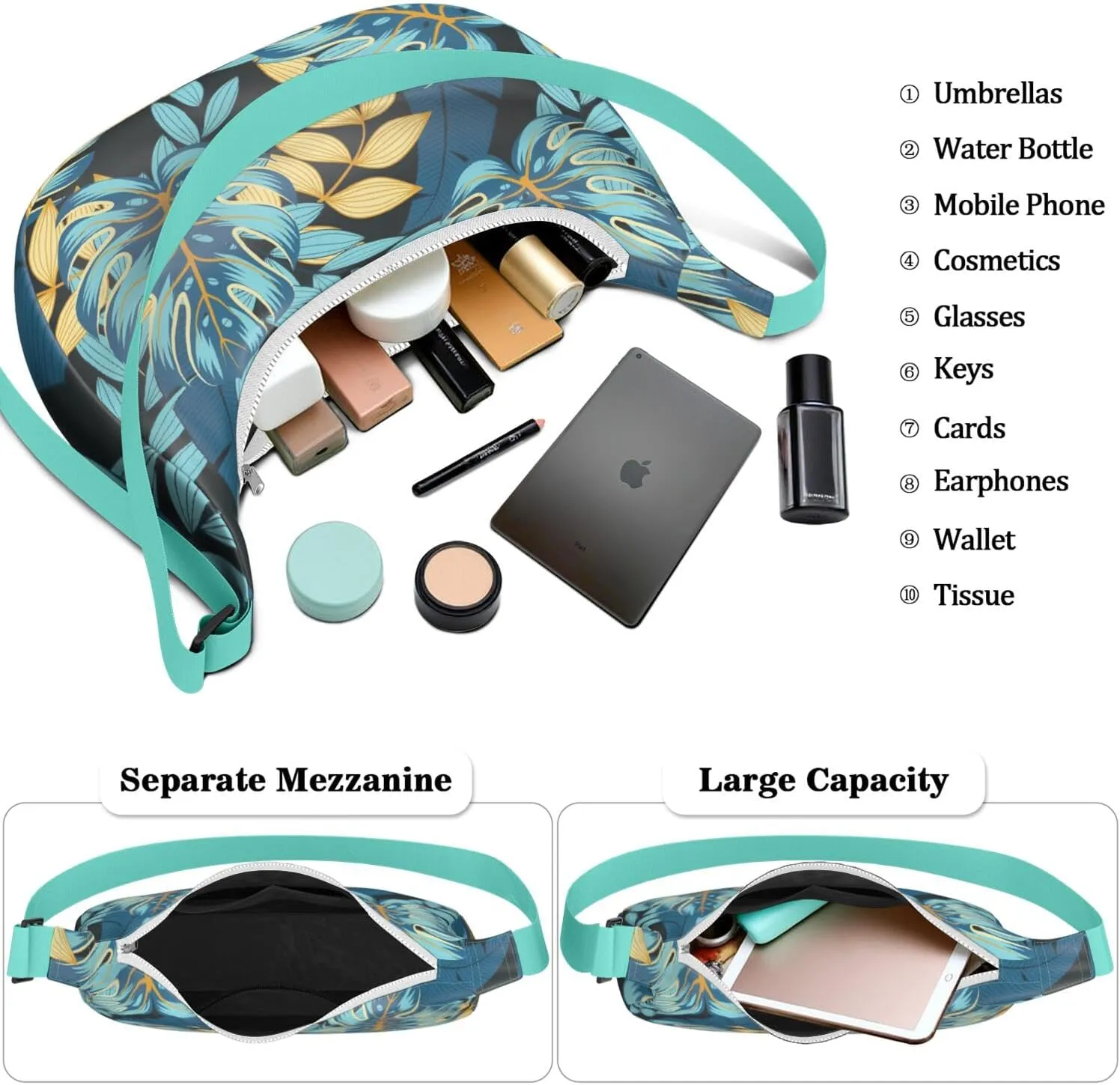 Waterproof Nylon Crescent Shoulder Bag Tropical Leaf Floral Crossbody Bag for Women Travel Sling Bag Adjustable Strap