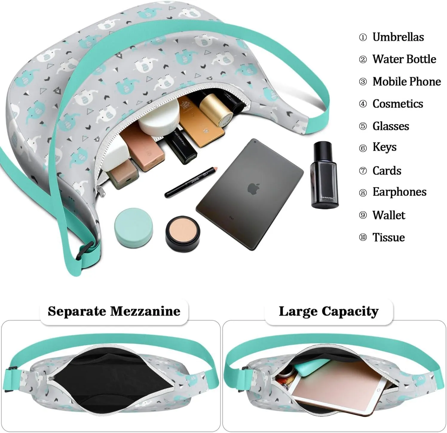 Waterproof Nylon Crescent Sling Crossbody Bag Casual Boho Elephant Shoulder Bag with Adjustable Strap for Work Travel