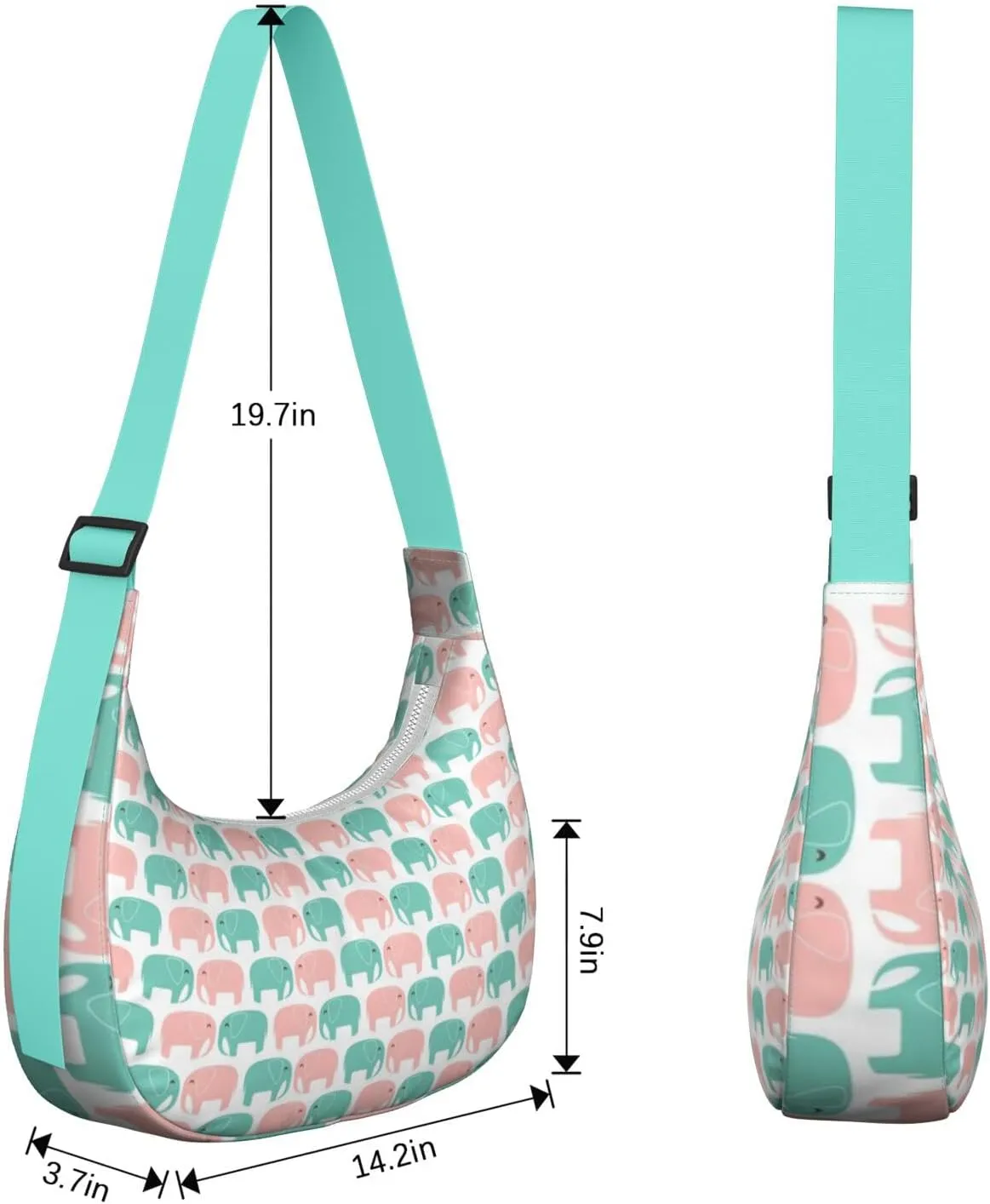Waterproof Nylon Crescent Sling Crossbody Bag Casual Boho Elephant Shoulder Bag with Adjustable Strap for Work Travel