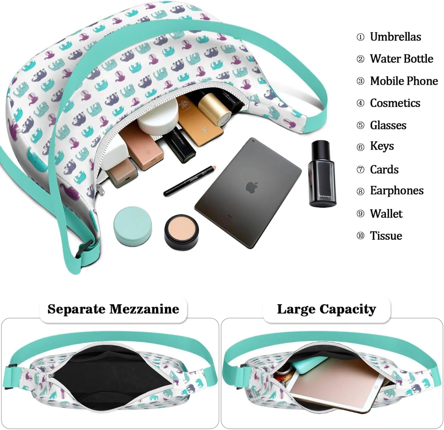 Waterproof Nylon Crescent Sling Crossbody Bag Casual Boho Elephant Shoulder Bag with Adjustable Strap for Work Travel