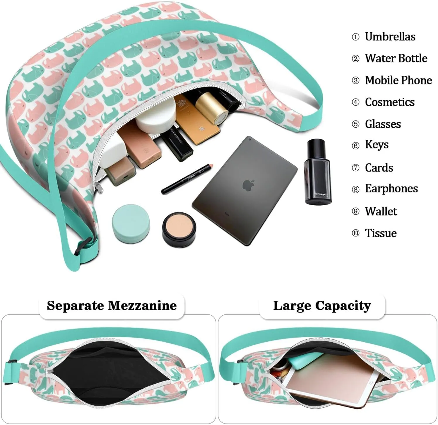 Waterproof Nylon Crescent Sling Crossbody Bag Casual Boho Elephant Shoulder Bag with Adjustable Strap for Work Travel