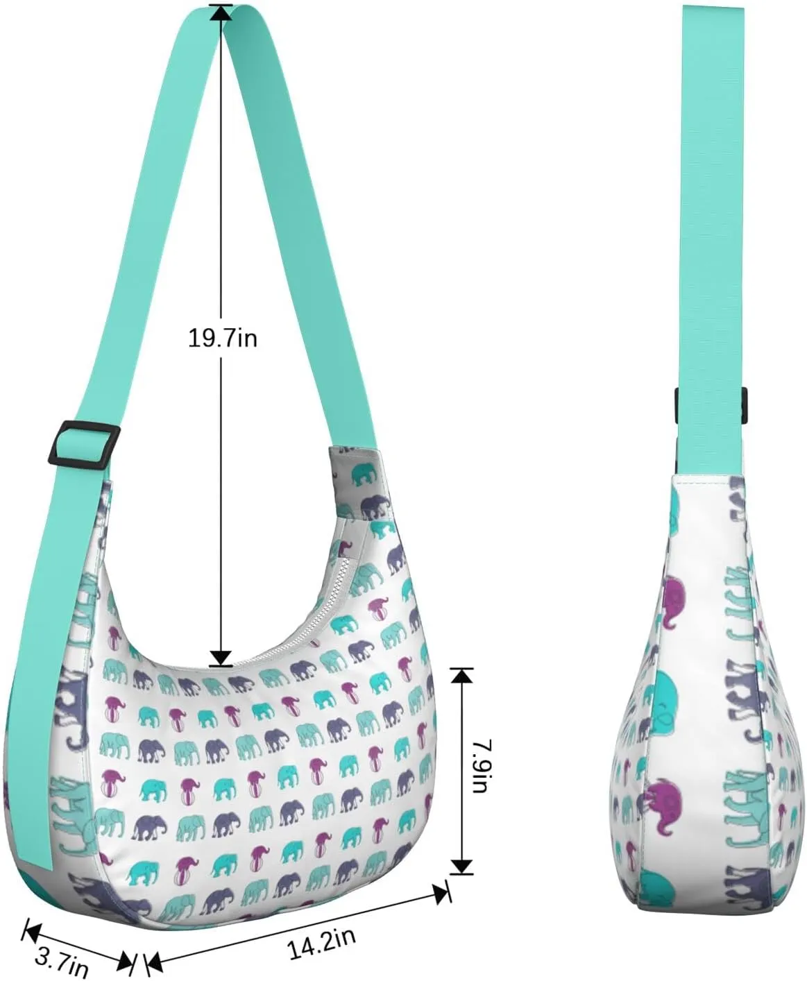 Waterproof Nylon Crescent Sling Crossbody Bag Casual Boho Elephant Shoulder Bag with Adjustable Strap for Work Travel