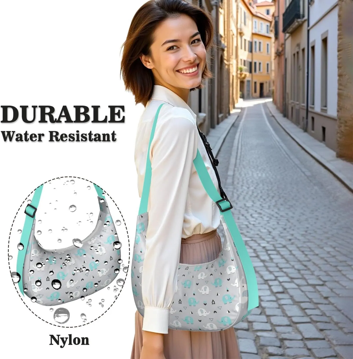 Waterproof Nylon Crescent Sling Crossbody Bag Casual Boho Elephant Shoulder Bag with Adjustable Strap for Work Travel