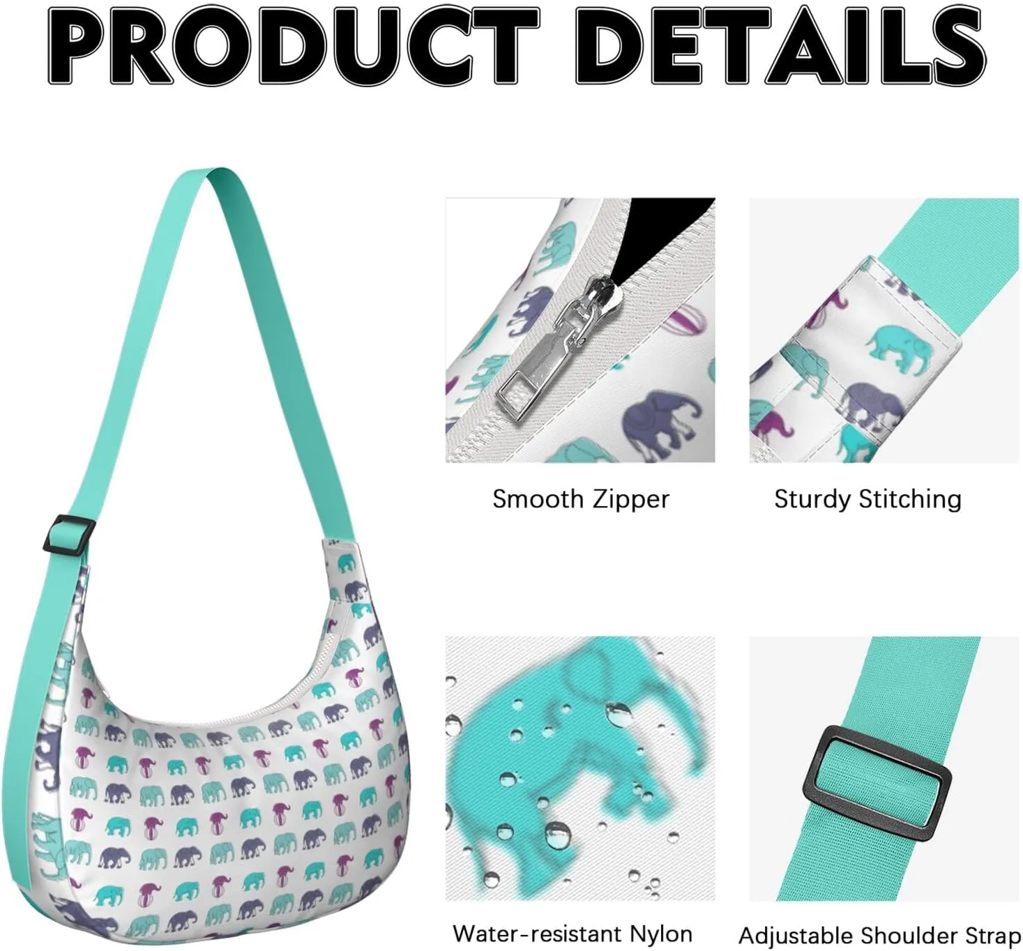 Waterproof Nylon Crescent Sling Crossbody Bag Casual Boho Elephant Shoulder Bag with Adjustable Strap for Work Travel