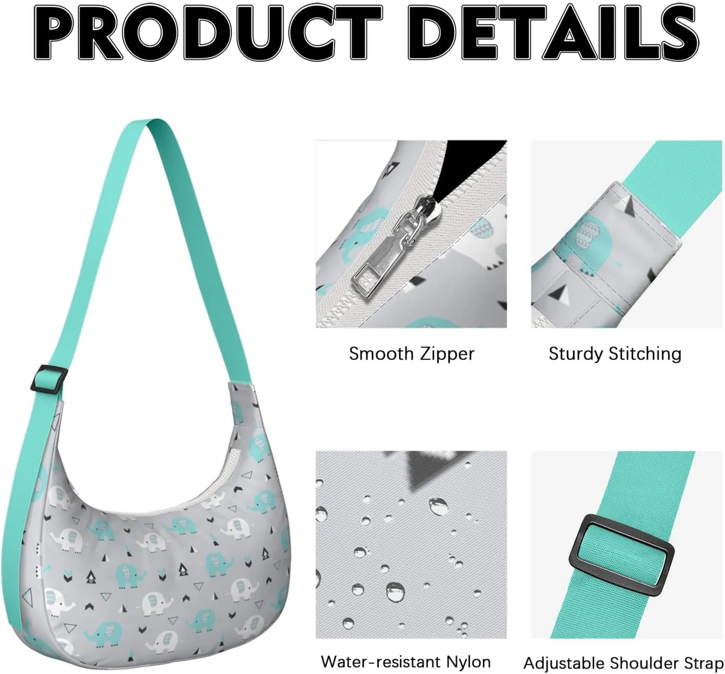 Waterproof Nylon Crescent Sling Crossbody Bag Casual Boho Elephant Shoulder Bag with Adjustable Strap for Work Travel