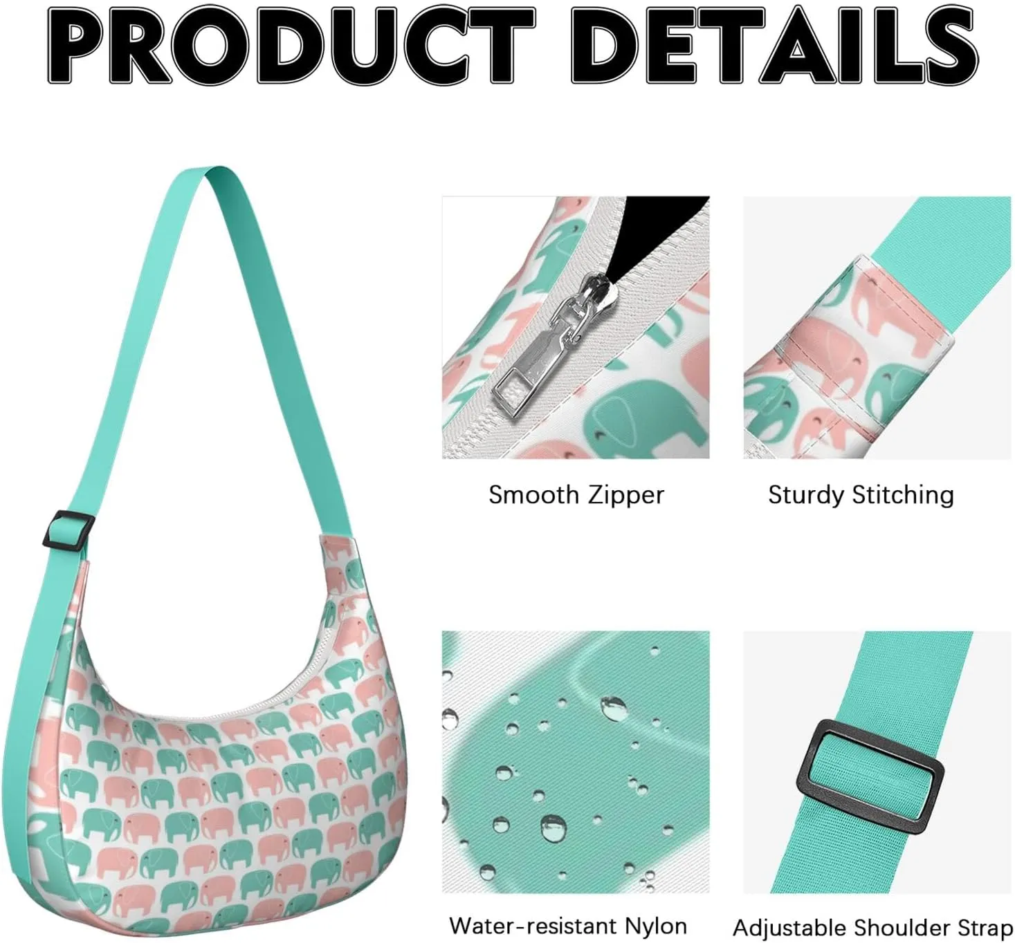 Waterproof Nylon Crescent Sling Crossbody Bag Casual Boho Elephant Shoulder Bag with Adjustable Strap for Work Travel